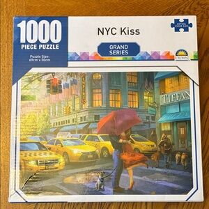 1,000 Piece NYC Kiss- Red Umbrella, Yellow Taxis, Blue Storefront